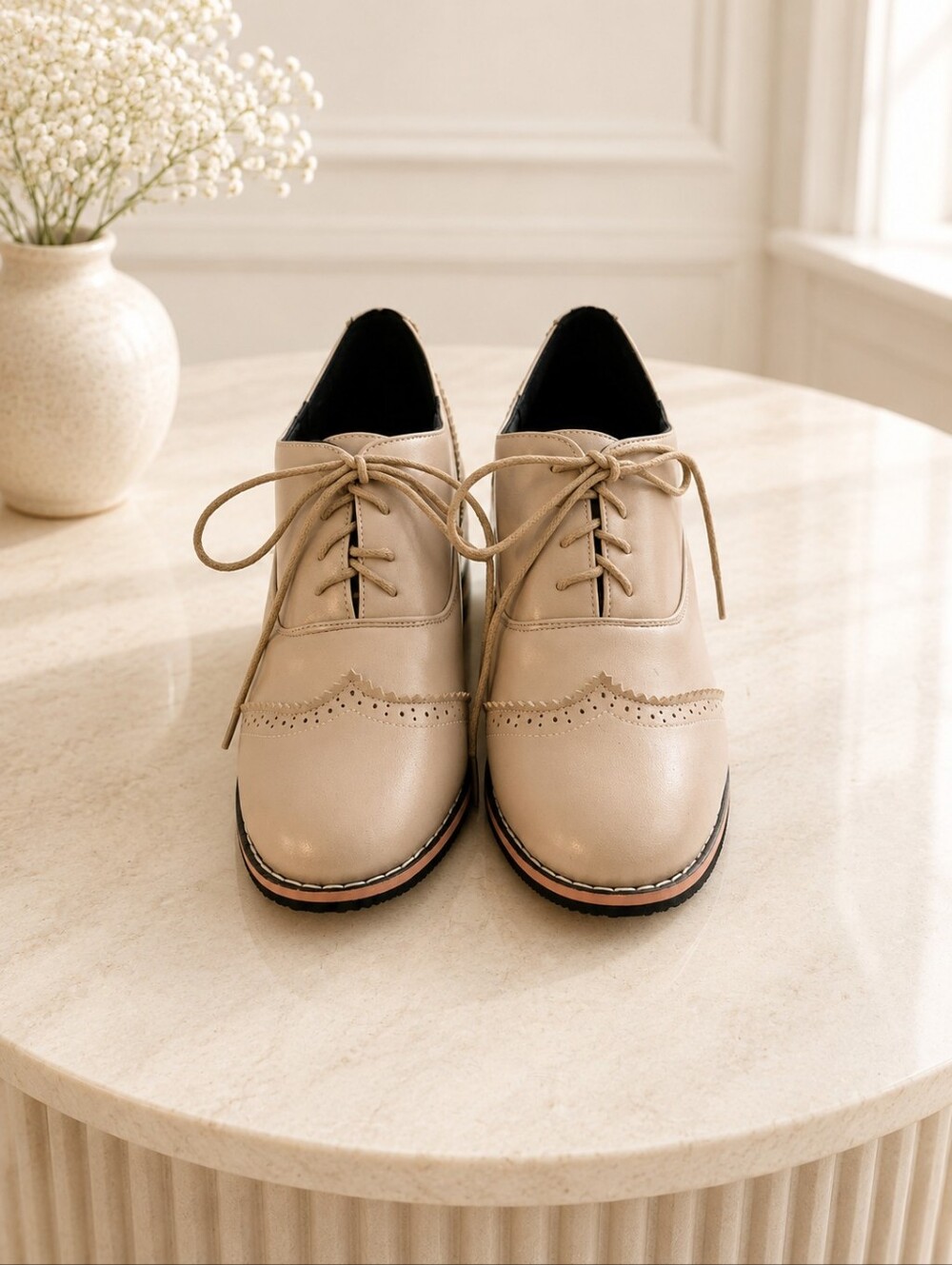Taupe Brogue Oxford Pumps | Cottagecore Academia Lace-Up Heels EU 41 - Picture 2 of 5